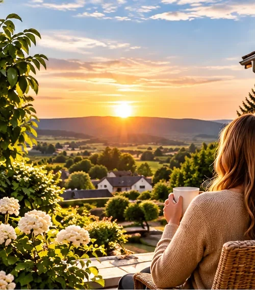 Frau mit Kaffeetasse auf einer Terrasse bei Sonnenuntergang