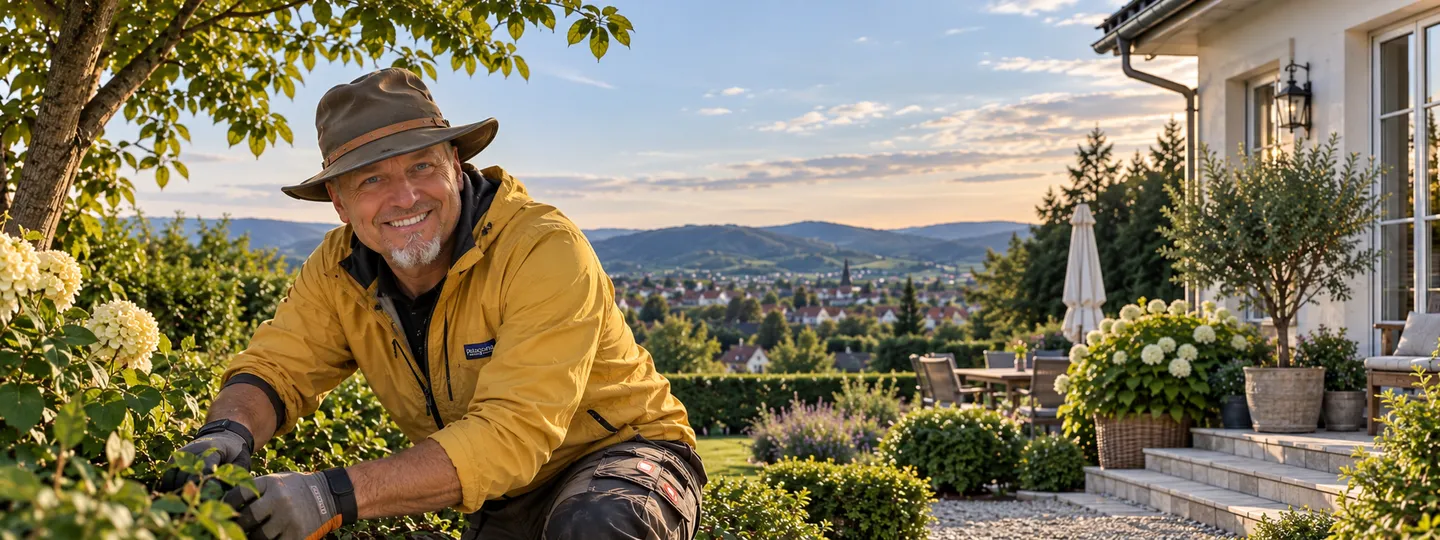 Dr. Martin Krüger bei der Gartenpflege vor einem Haus
